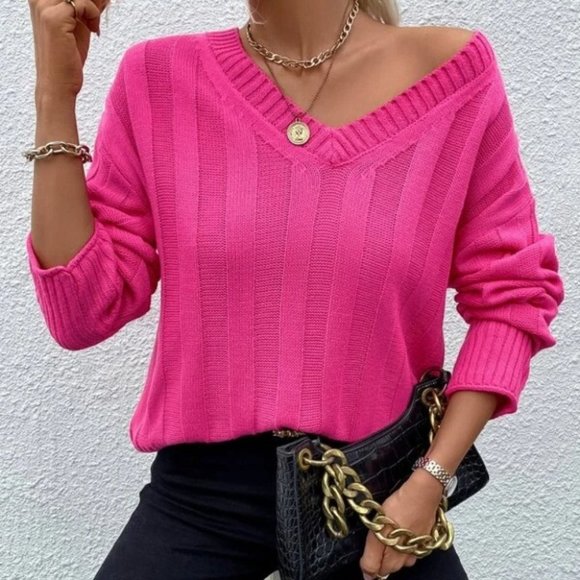 . Sweaters - V-Neck Pullover Long sleeved knit Sweater top spring fall PINK